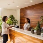 Recepcionista sorridente de uniforme branco atendendo uma visitante em um balcão moderno com plantas decorativas e folhetos.