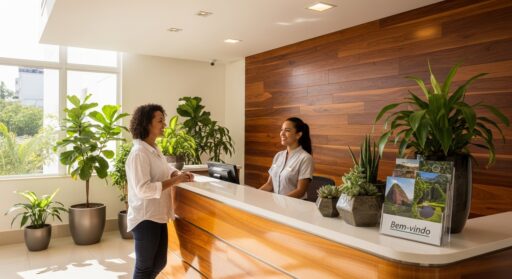 Recepcionista sorridente de uniforme branco atendendo uma visitante em um balcão moderno com plantas decorativas e folhetos.