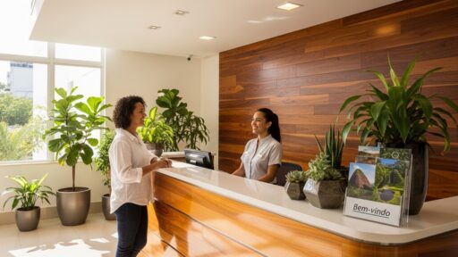 Recepcionista sorridente de uniforme branco atendendo uma visitante em um balcão moderno com plantas decorativas e folhetos.