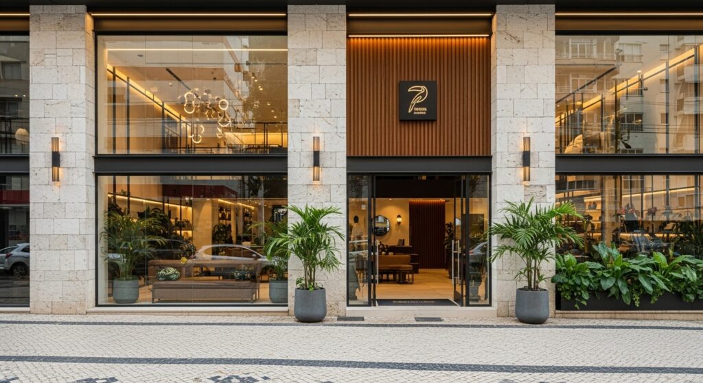 Fachada de prédio comercial com grandes vitrines, plantas em vasos externos e entrada de vidro, mostrando interior iluminado e organizado.
