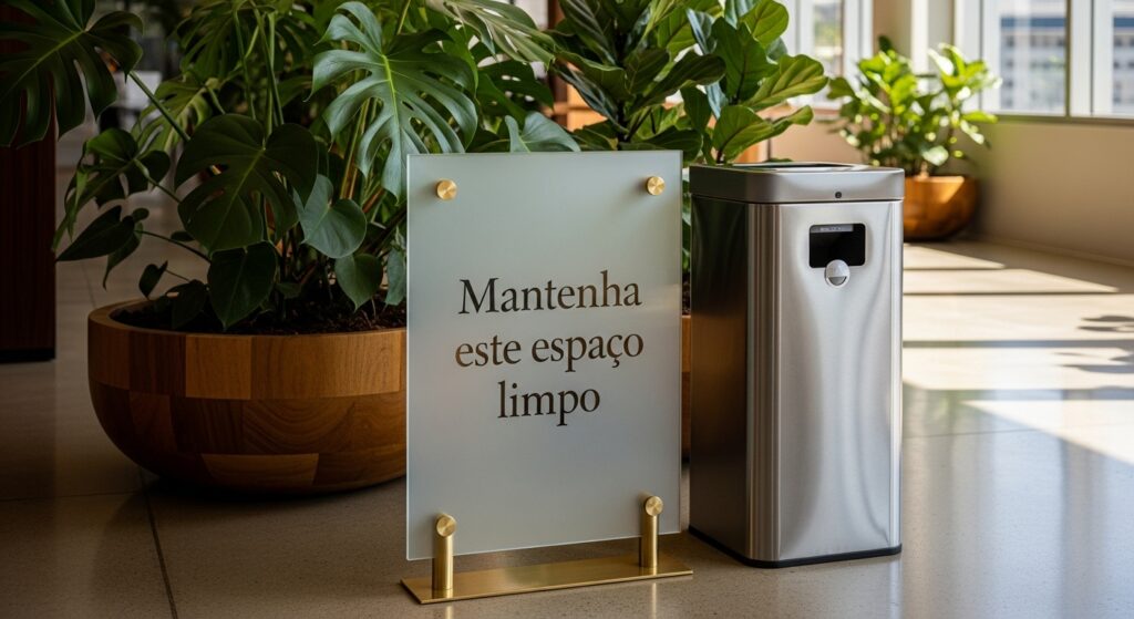 Lixeira de metal prateada ao lado de placa de vidro sobre base dourada, com o texto “Mantenha este espaço limpo”, rodeada por vasos de plantas em um ambiente iluminado.