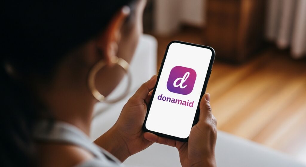 Mulher segurando celular com logo do app “donamaid”, sentada em sala decorada com tons de roxo e móveis claros, foco no aparelho.