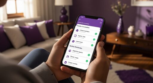 Close em mão segurando celular mostrando app de organização doméstica com lista de tarefas concluídas e pendentes, sofá roxo e mesa de madeira ao fundo.