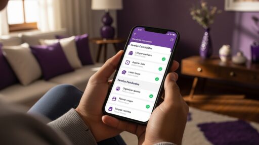 Close em mão segurando celular mostrando app de organização doméstica com lista de tarefas concluídas e pendentes, sofá roxo e mesa de madeira ao fundo.