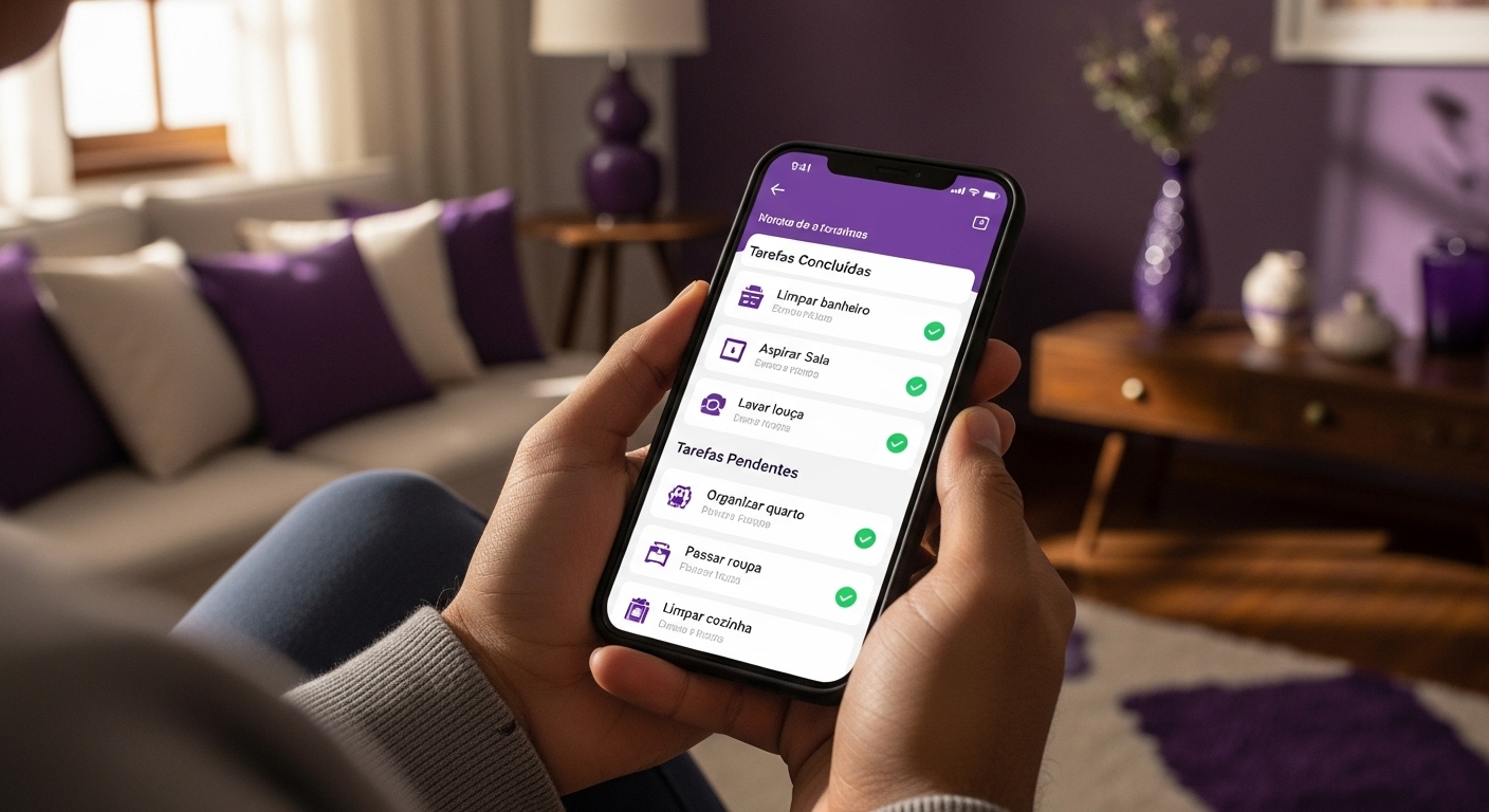 Close em mão segurando celular mostrando app de organização doméstica com lista de tarefas concluídas e pendentes, sofá roxo e mesa de madeira ao fundo.