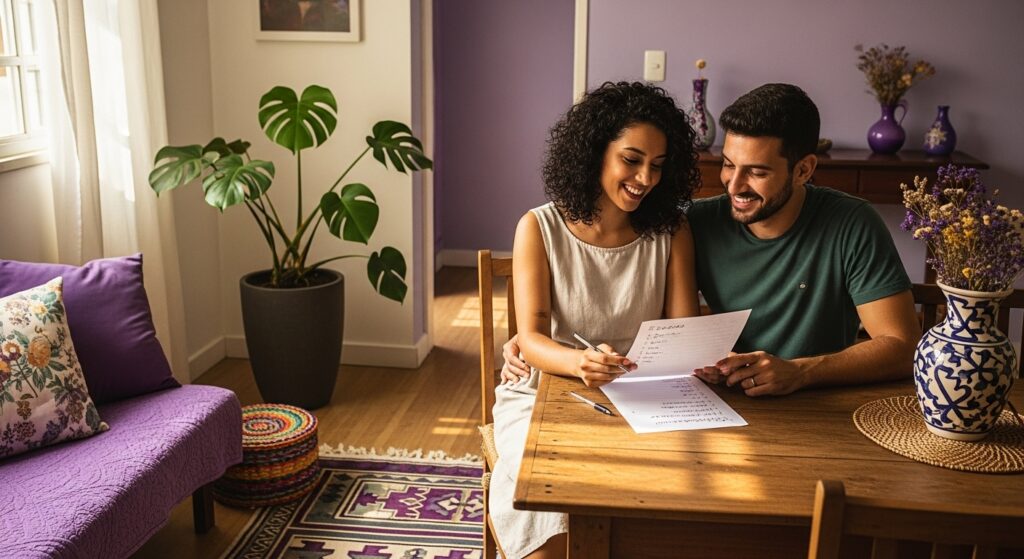 Casal sentado à mesa da sala, sorrindo e revisando uma lista de tarefas em folhas de papel, ambiente decorado com móveis de madeira, plantas e detalhes em roxo.