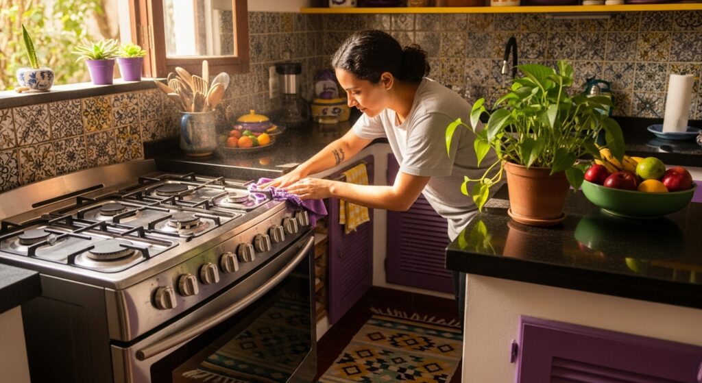 Mulher limpando o fogão da cozinha decorada com azulejos estampados e armários roxos, luz natural entrando pela janela, com plantas e frutas na bancada.