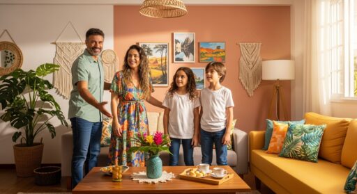 Família sorridente composta por pai, mãe e duas crianças em uma sala de estar iluminada, com sofá amarelo, almofadas coloridas, mesa de centro com flores e xícaras de café, e decoração com plantas e quadros na parede.