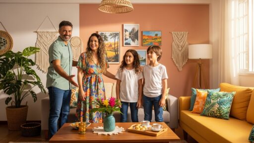 Família sorridente composta por pai, mãe e duas crianças em uma sala de estar iluminada, com sofá amarelo, almofadas coloridas, mesa de centro com flores e xícaras de café, e decoração com plantas e quadros na parede.