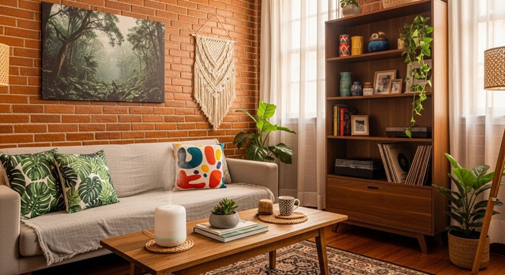 Sala de estar aconchegante com sofá claro, almofadas coloridas, mesa de centro de madeira, estante com objetos decorativos e plantas, iluminação natural entrando pelas janelas.
