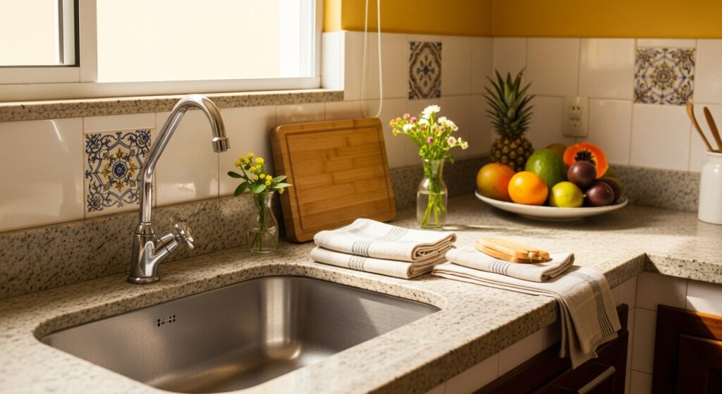 Cozinha clara com bancada de granito, pia de inox, frutas em uma tigela, toalhas dobradas e pequenos vasos de flores e plantas.