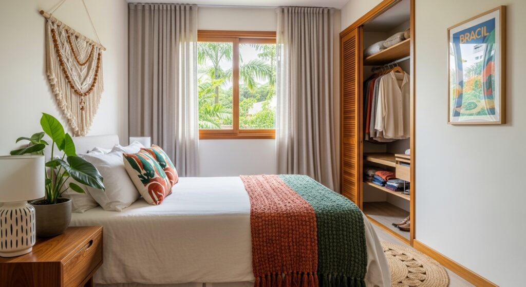 Quarto arrumado com cama de roupa branca, colcha de tricô laranja e verde, almofadas decorativas, mesa de cabeceira com vaso de planta e armário aberto com roupas organizadas.