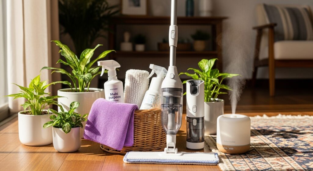 Kit de limpeza doméstica sobre o chão de madeira, incluindo spray multiuso, panos de microfibra, mop e difusor de ambiente, com plantas ao fundo em uma sala de estar.
