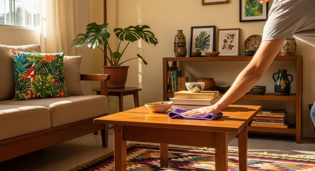 Pessoa limpando a mesa de centro de madeira em uma sala de estar iluminada, com sofá bege, almofadas coloridas, planta em vaso e estante com livros e objetos decorativos.