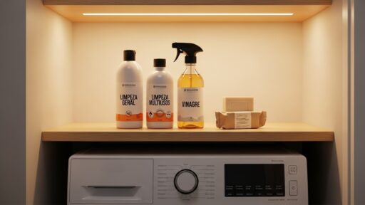Prateleira de lavanderia com frascos de produtos de limpeza etiquetados como “Limpeza Geral”, “Limpeza Multiusos” e “Vinagre”, acima de máquina de lavar roupa branca.