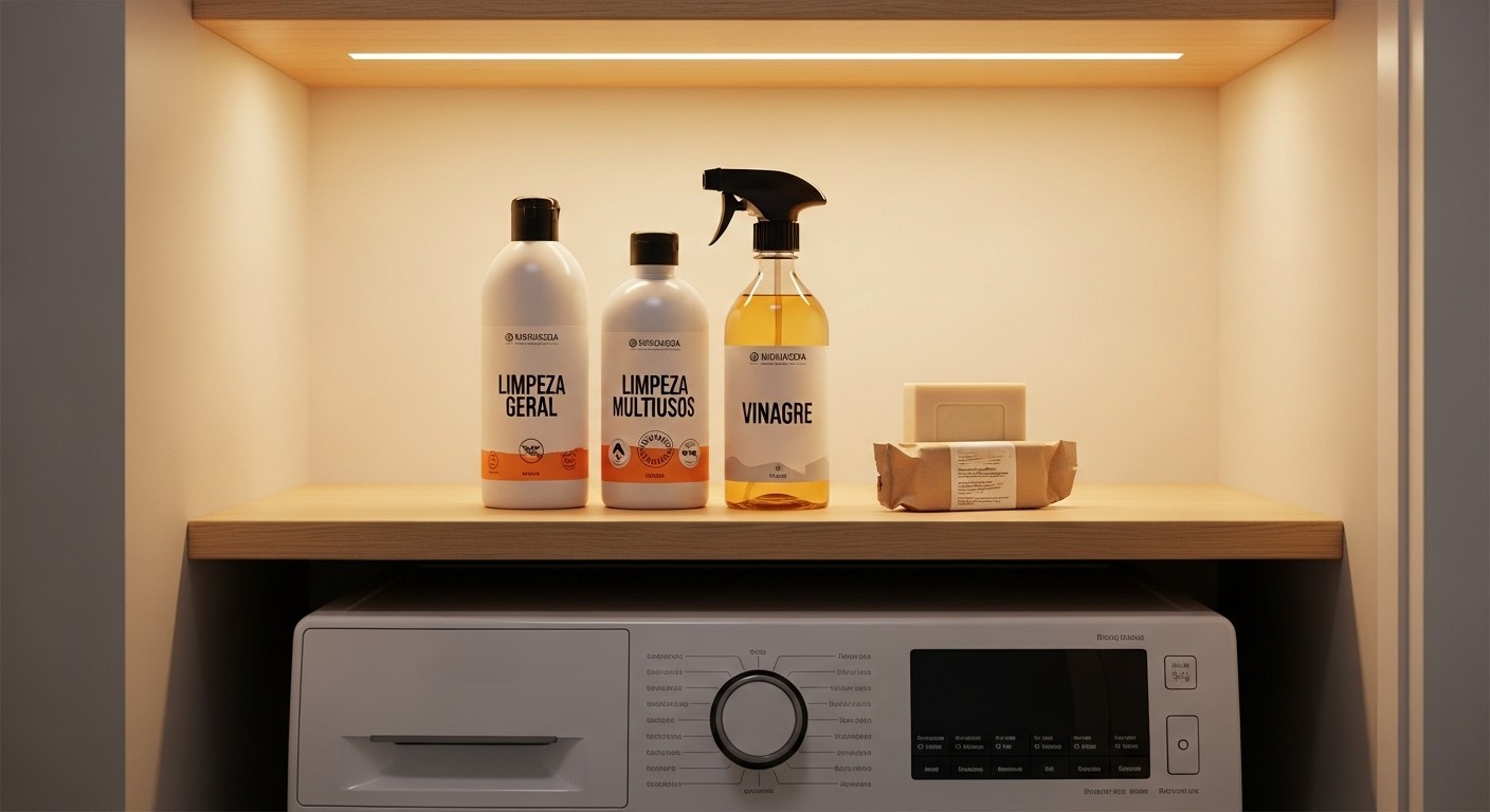 Prateleira de lavanderia com frascos de produtos de limpeza etiquetados como “Limpeza Geral”, “Limpeza Multiusos” e “Vinagre”, acima de máquina de lavar roupa branca.