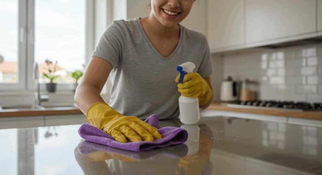 Mulher sorridente limpando bancada de cozinha com pano roxo e borrifador, usando luvas amarelas, em ambiente claro e organizado.