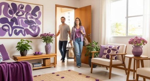 Casal entrando em uma sala de estar iluminada, ambos sorrindo e carregando malas e bolsas, com decoração em tons de roxo, incluindo almofadas, vasos de flores e quadro abstrato na parede.