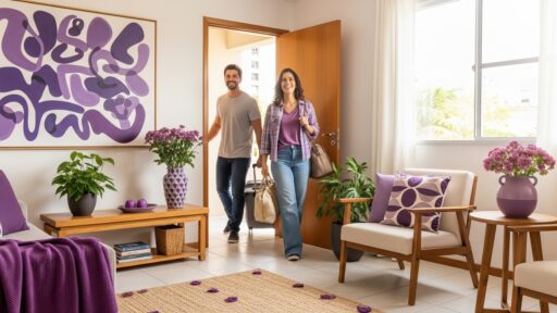 Casal entrando em uma sala de estar iluminada, ambos sorrindo e carregando malas e bolsas, com decoração em tons de roxo, incluindo almofadas, vasos de flores e quadro abstrato na parede.