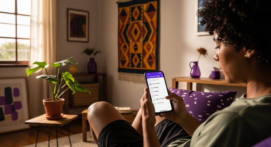 Pessoa sentada em um sofá roxo, segurando um smartphone com aplicativo de lista de tarefas aberto, com plantas e objetos decorativos ao fundo em uma sala de estar.