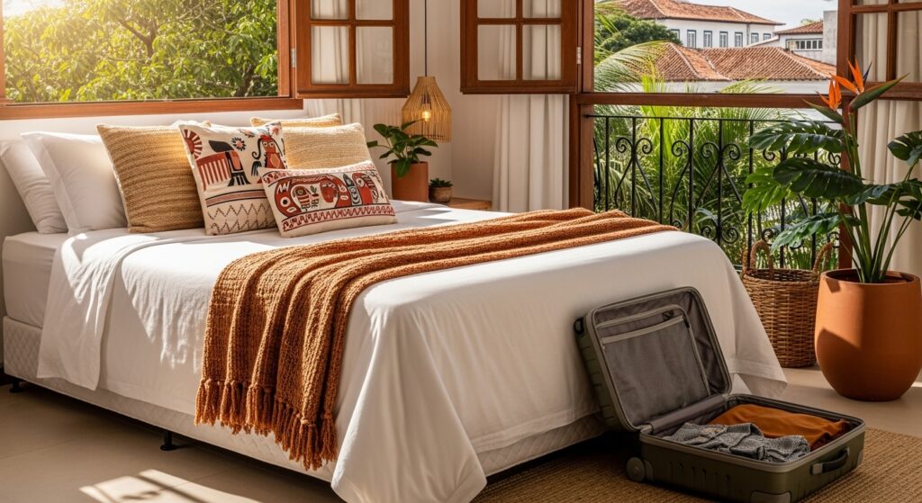 Quarto iluminado com cama de roupa branca, colcha laranja, almofadas decorativas, plantas em vasos, janela aberta com vista para telhados e mala aberta ao lado da cama.