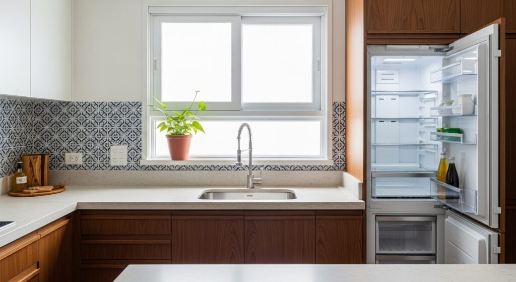 Cozinha organizada com bancada clara, pia de inox, janela ampla, armários de madeira e geladeira aberta mostrando algumas garrafas e potes.