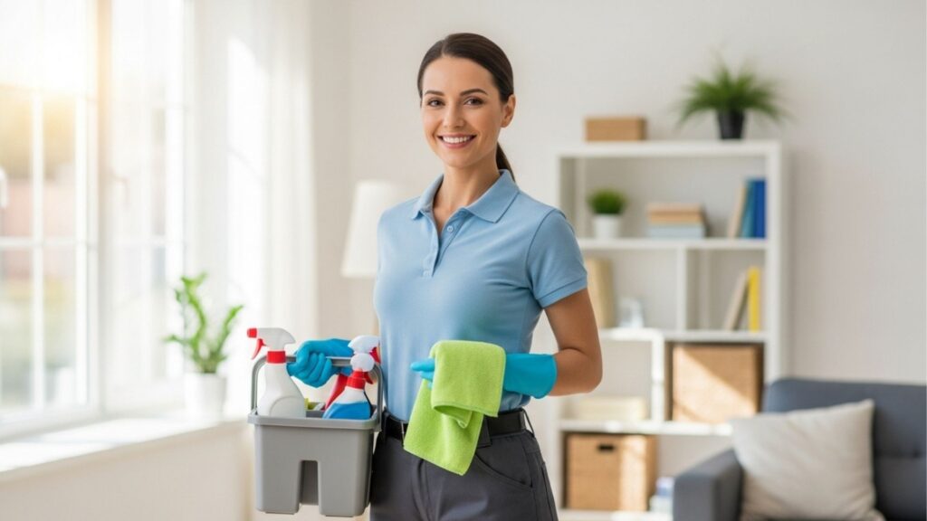 Mulher vestindo uniforme azul e luvas segurando uma caixa com produtos de limpeza, sorrindo em um ambiente claro e organizado, provavelmente sala ou cozinha, transmitindo profissionalismo.