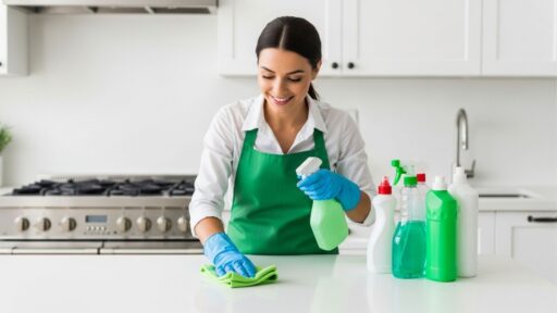 Mulher usando avental verde e luvas azuis limpando uma bancada branca, com diversos produtos de limpeza ao lado, sorrindo em uma cozinha clara e moderna.