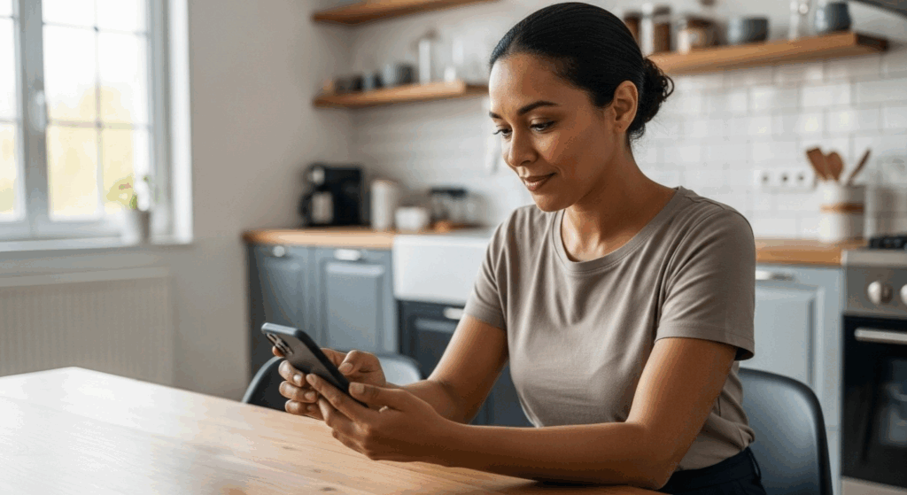 Mulher olhando para o celular, possivelmente recebendo instruções, notificações de clientes ou organizando tarefas.