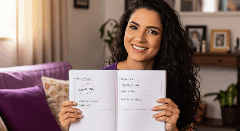 Mulher mostrando um caderno com anotações de tarefas diárias e novos clientes, destacando planejamento e organização do trabalho.