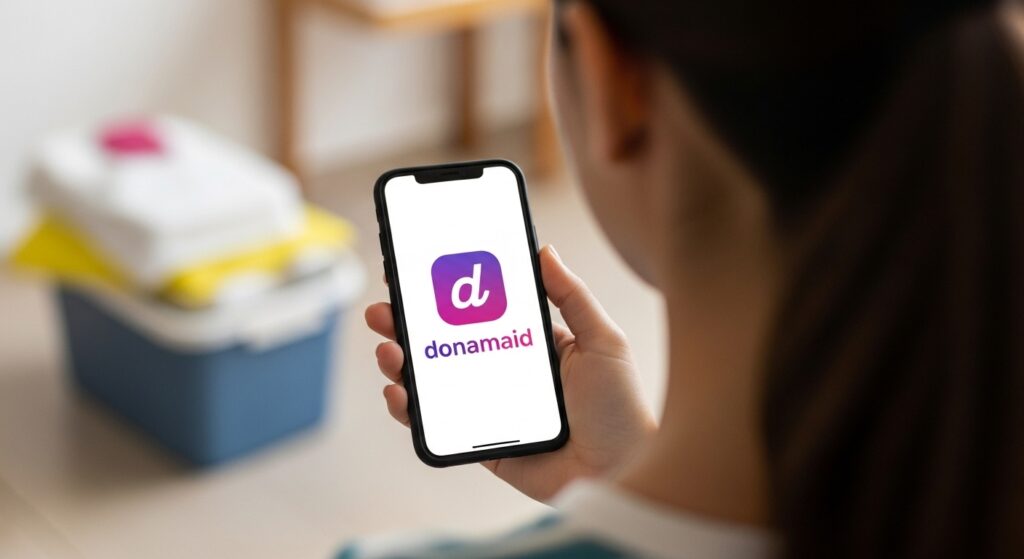 Close do celular mostrando o aplicativo Donamaid, indicando o uso de tecnologia para gerenciar serviços de limpeza ou agendamento de clientes.