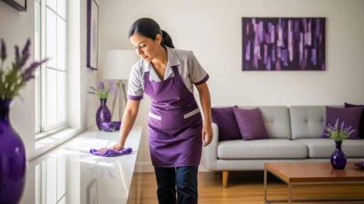 Mulher realizando a limpeza de um balcão, aplicando as tarefas planejadas, com atenção aos detalhes e eficiência.