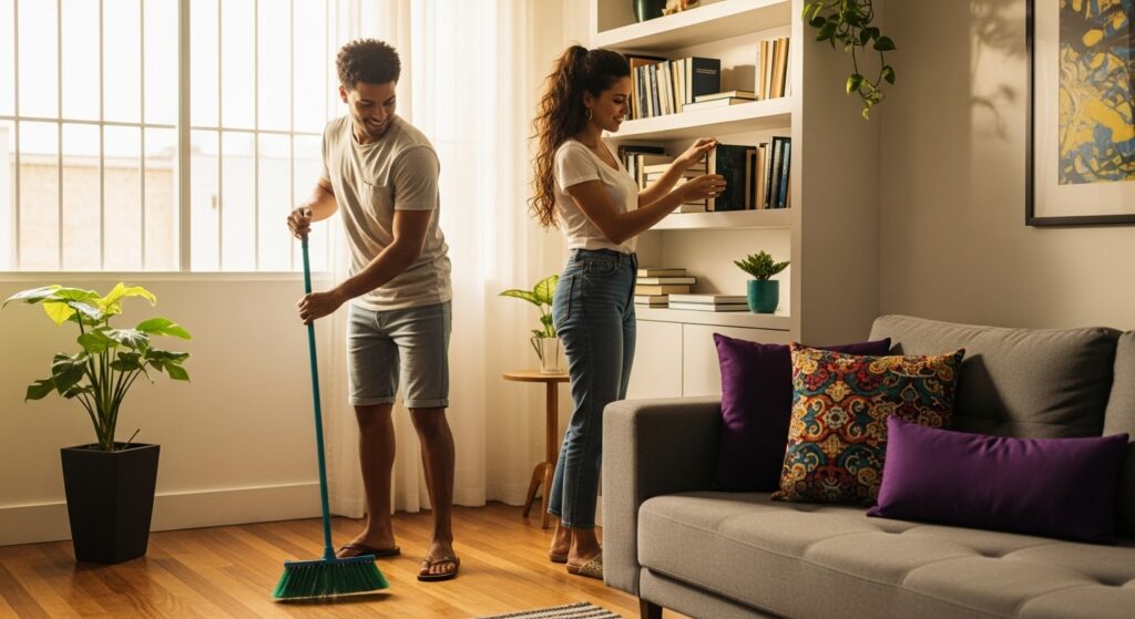 Casal arrumando livros e limpando a sala de estar, ele varrendo o chão e ela organizando a estante, com sofá cinza, almofadas e plantas ao redor.