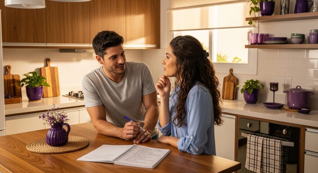 Casal conversando na cozinha, ela apoiada na bancada com caneta na mão e ele olhando para ela, com utensílios de cozinha, vasos roxos e pratos organizados ao fundo.