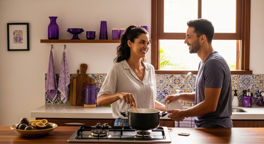 Casal na cozinha preparando refeição juntos, a mulher mexendo uma panela no fogão enquanto o homem segura um prato, com detalhes decorativos em roxo ao redor.