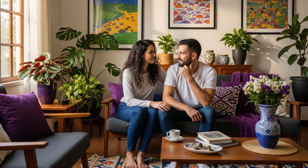 Casal sentado em um sofá roxo em uma sala de estar, conversando e olhando um para o outro, com plantas, almofadas e quadros coloridos ao fundo.