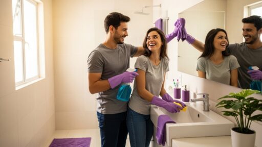 Casal sorridente limpando o banheiro juntos, ambos usando luvas roxas e produtos de limpeza, com espelho refletindo suas imagens.
