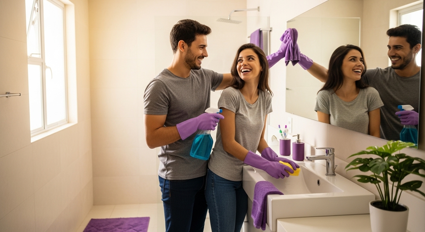 Casal sorridente limpando o banheiro juntos, ambos usando luvas roxas e produtos de limpeza, com espelho refletindo suas imagens.