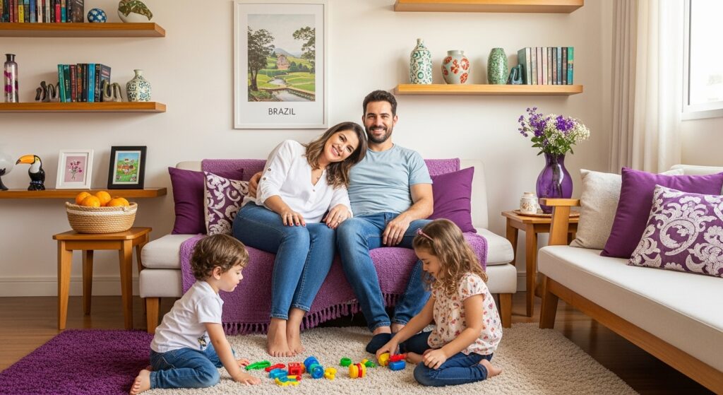 Família de quatro pessoas sentada em um sofá roxo em uma sala de estar, com os pais sorrindo e as crianças brincando no tapete com brinquedos coloridos, prateleiras com livros, vasos e quadros ao fundo.