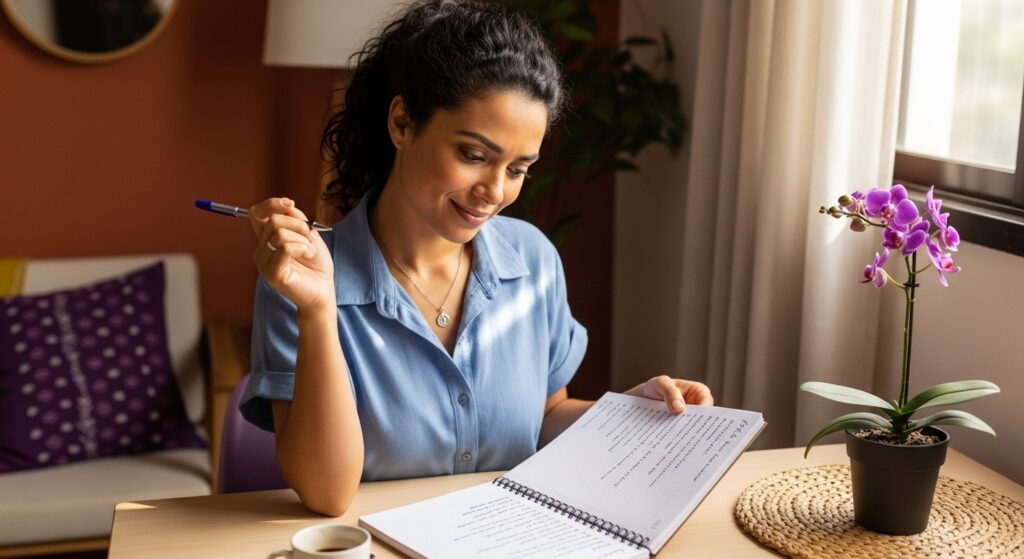 Mulher revisando um caderno ou agenda, sugerindo planejamento e registro de tarefas ou compromissos futuros.