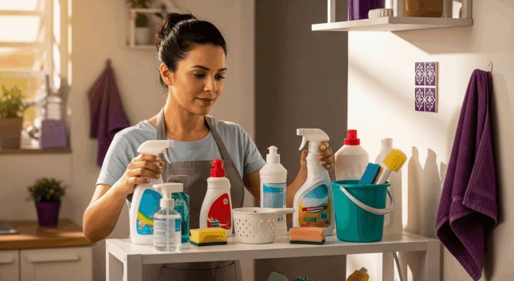 Mulher organizando e escolhendo produtos de limpeza, indicando preparação cuidadosa antes de realizar o serviço.