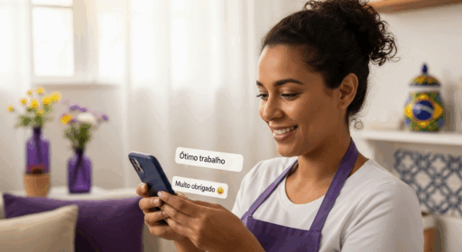 Mulher olhando para o celular e recebendo mensagens de agradecimento e elogios (“Ótimo trabalho”, “Muito obrigado”), destacando a satisfação do cliente.