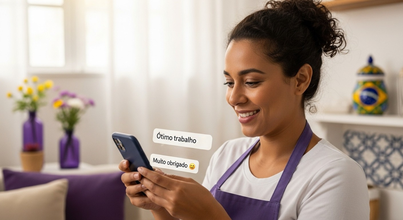 Mulher olhando para o celular e recebendo mensagens de agradecimento e elogios (“Ótimo trabalho”, “Muito obrigado”), destacando a satisfação do cliente.