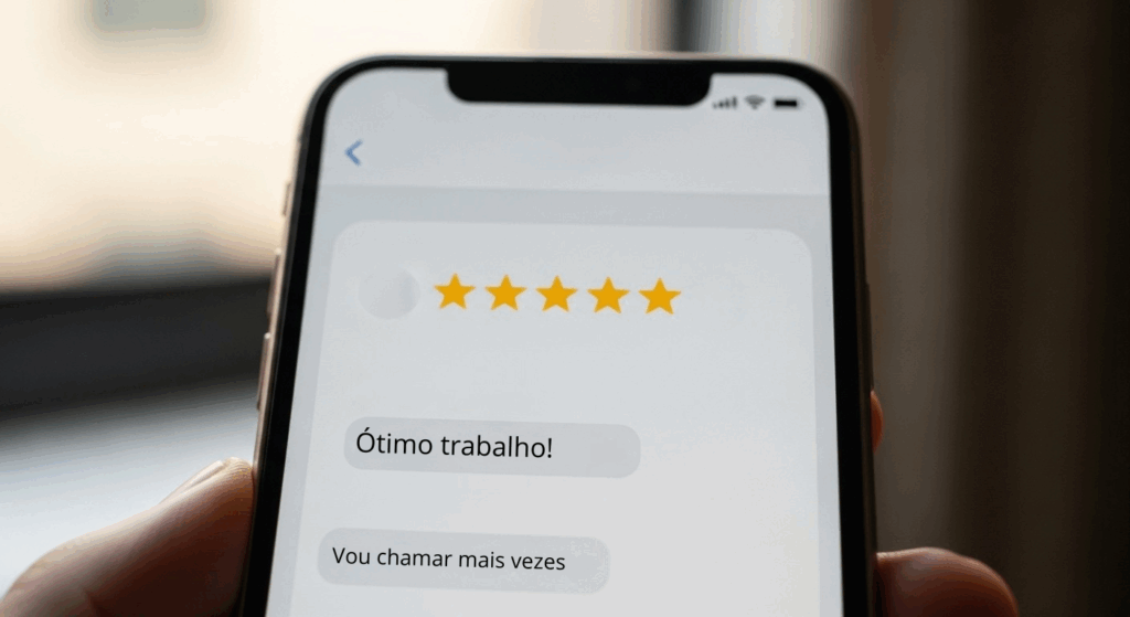 Close do celular com avaliação de 5 estrelas e mensagem positiva do cliente, reforçando o reconhecimento pelo serviço prestado.