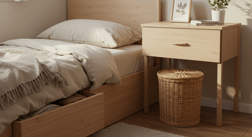 Cesto de roupa de vime ao lado de uma cama de madeira clara e mesa de cabeceira, em quarto ensolarado e organizado.