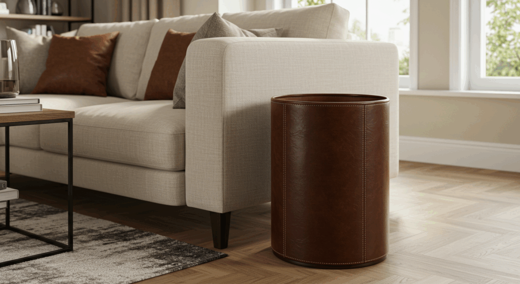 Lixeira de couro marrom colocada ao lado de um sofá bege em sala de estar moderna e iluminada, com mesa de centro e almofadas.