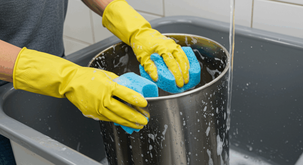 Pessoa lavando um balde de metal na pia com esponja azul e usando luvas de borracha amarelas, com água corrente e espuma visível.
