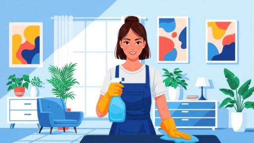 Ilustração de uma diarista segurando um borrifador e limpando, reforçando a ideia de limpeza profissional de forma visual e acessível.