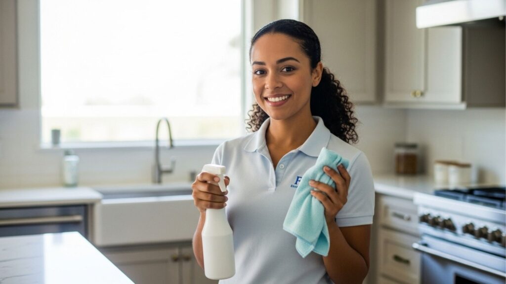 Mulher sorridente segurando um borrifador e pano de limpeza, pronta para realizar a limpeza da cozinha.