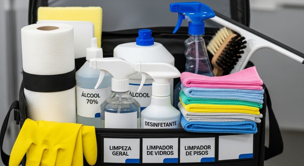 Close em kit completo de produtos de limpeza (álcool, desinfetante, panos, luvas, papel toalha), mostrando profissionalismo e preparação adequada.